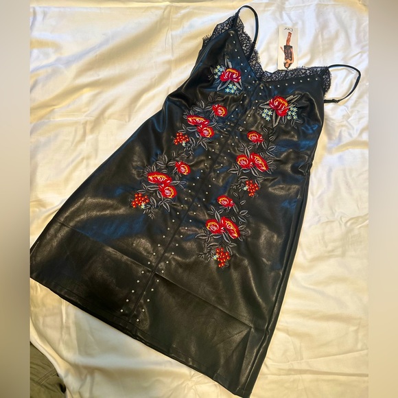 Dex clothing vegan leather dress NWT. Spaghetti straps embroidery, lace top. - Picture 1 of 6